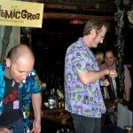 Hurricane Hayward, with assistance from Nik Satterfield, mixes his Atomic Zombie Cocktail.