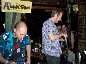 Hurricane Hayward, with assistance from Nik Satterfield, mixes his Atomic Zombie Cocktail during the Zombie Jamboree at The Mai-Kai in April 2011. (Atomic Grog photo)