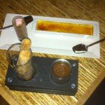 The deep-fried cheesecake (front) and eggnog crème brûlée with minty chocolate drink.