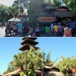 The Enchanted Tiki Room's Under New Management theming (bottom photo, February 2009) was ditched in 2011 when the attraction was returned to its original splendor and re-opened as Walt Disney World's Enchanted Tiki Room (top photo, October 2011).