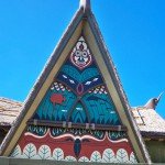The Enchanted Tiki Room's roof features Asian water buffalo that appear to be Western longhorn if viewed from the rear in neighboring Frontierland (November 2011).