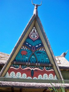 The Enchanted Tiki Room's roof features Asian water buffalo that appear to be Western longhorn if viewed from the rear in neighboring Frontierland (November 2011).