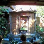The toucans Claude and Clyde emerge from the waterfall to serenade the waiting guests (October 2011).