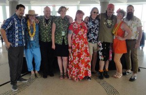 The Tiki Tower Takeover's all-star cast of bar professionals joins The Hukilau's Christie "Tiki Kiliki" White (center) for a group photo