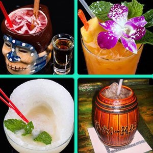 Among the many iconic cocktails at The Mai-Kai are (clockwise from upper left) the Shrunken Skull, Mai-Tai, Barrel O' Rum, and Gardenia Lei.