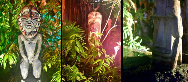 Tikis in The Mai-Kai's outdoor gardens can convey a variety of human emotions, from aggressive to bashful to brooding. (Photos by Kevin Upthegrove)