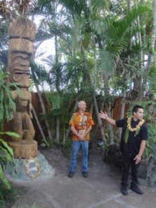 New Mai-Kai employee Kai (right), a native of Hawaii, performs the ceremony welcoming King Kai and honoring carver Will Anders on May 22.
