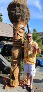 Artist Tiki Ray Kieffer sees one of his tikis installed at the Caliente Tropics in Palm Springs during Tiki Caliente 2016. (Photo by Kari Hendler of Poly Hai)