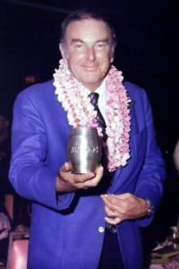 Founding co-owner Bob Thornton shows off the 25th anniversary silver Rum Barrel in 1981. (Mai-Kai photo)