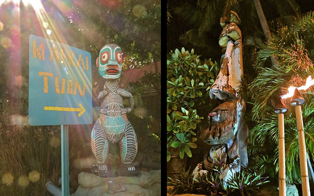 Left: The last remaining giant Tiki at The Mai-Kai created by legendary carver Barney West and installed in the early 1960s greets guests arrving from the north on Federal Highway. Right: West's iconic moai carving that stood 20 feet tall on the south end of of the property sadly fell victim to Hurricane Irma in September 2017. There are plans to erect a replacement, according to The Mai-Kai's owners. (Photos by Sven Kirsten, December 2016)
