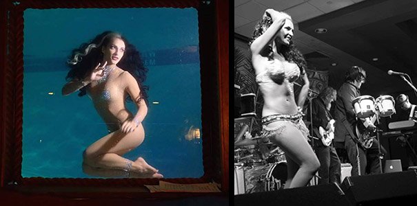 On land and sea, Marina the Fire Eating Mermaid is a multi-talented performer. (Left photo from The Hukilau 2016, right photo provided by Medusirena)