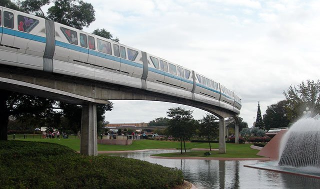 When Epcot opened in 1982, a second Disney World monorail line was added that links guests at the Magic Kingdom and its resorts to the new theme park's gate. It includes a loop through the park's Future World area. (Photo by Hurricane Hayward, December 2009)