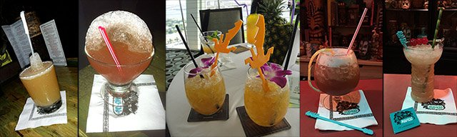 Among the many tribute recipes you'll find are The Master Ninja from Beachbum Berry (center), and (from left) The Mai-Kai's Yeoman's Grog, Special Reserve Daiquiri, Black Magic, and Deep Sea Diver